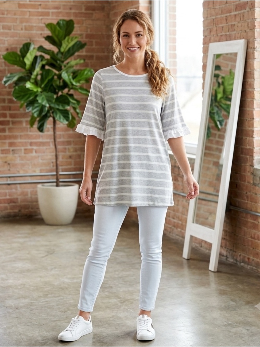 NWOT Soft Surroundings Grey & White Striped Ruffle Sleeve Shirt Size XS.